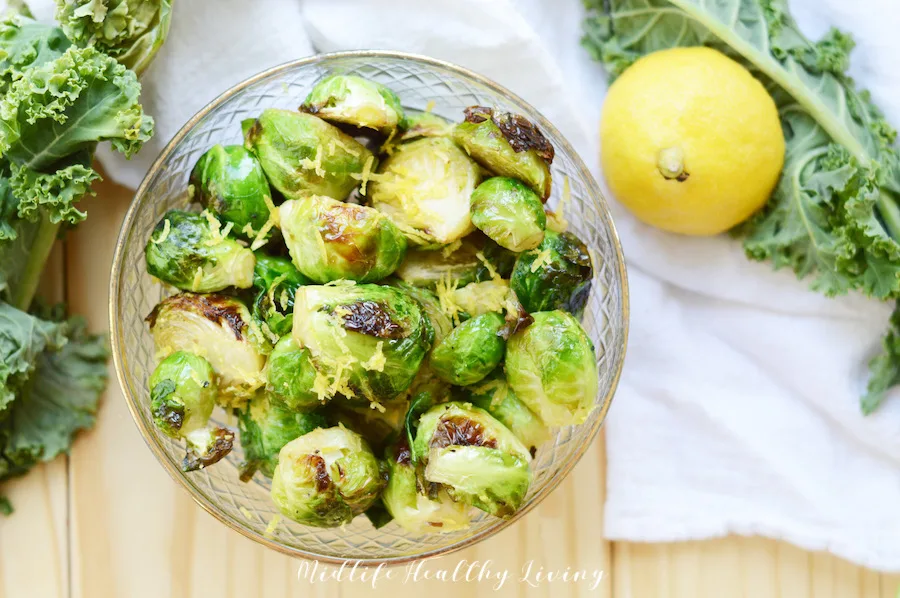 A horizontal view of the completed recipe for air fried Brussels sprouts.