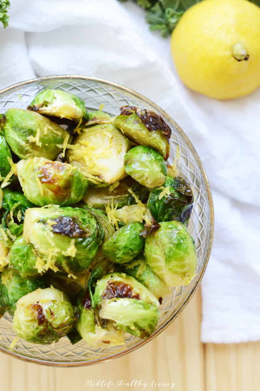 A view into the bowl of finished air fryer Brussels sprouts.