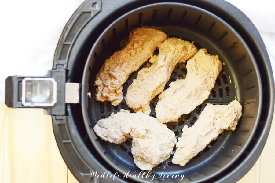 In progress images showing how to make chicken tenders in the air fryer