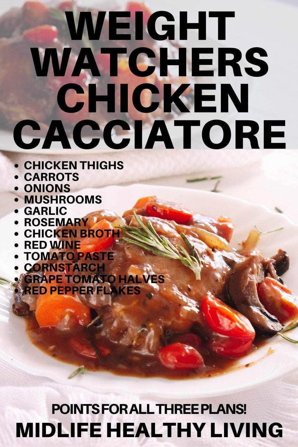 Another pin showing the finished WW chicken cacciatore recipe with ingredients listed across the image.