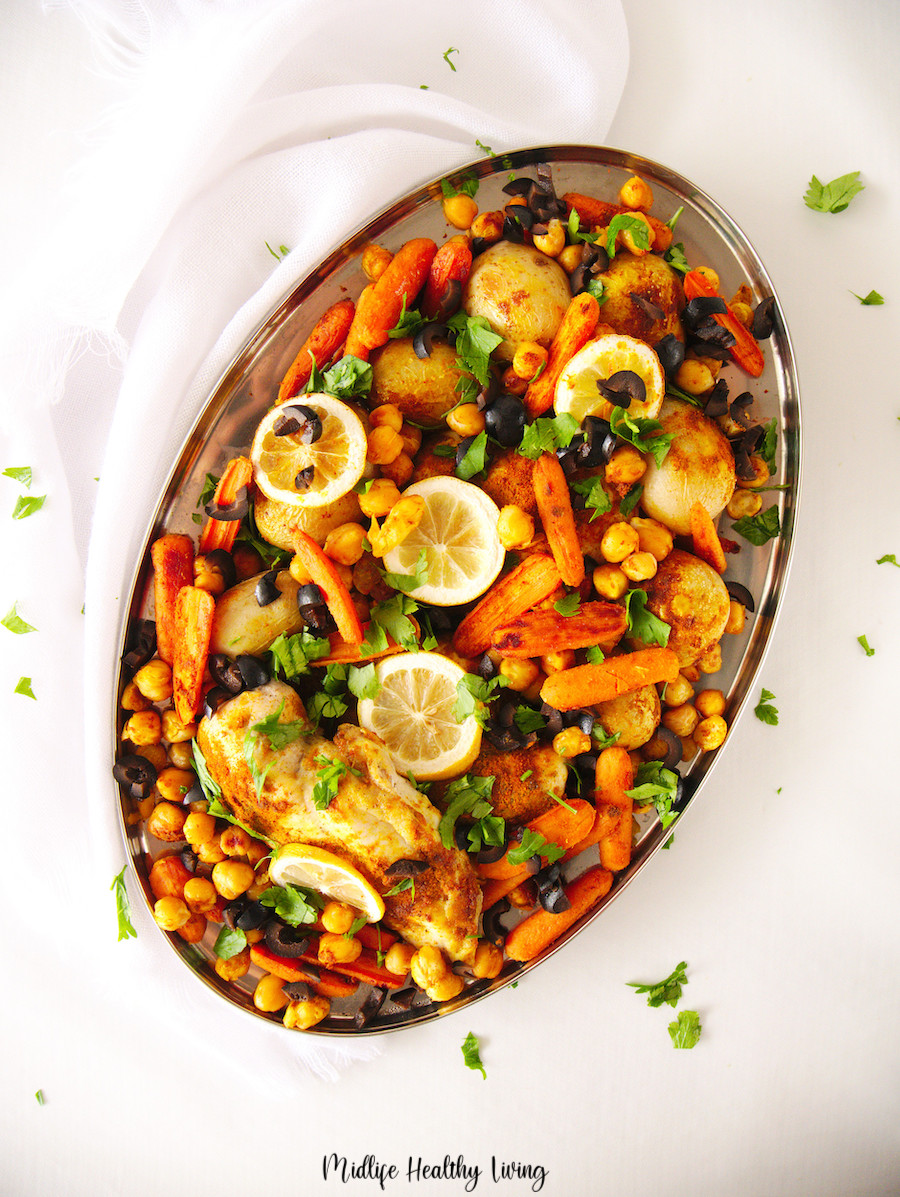 A top down look at the weight watchers moroccan chicken in a serving dish. 