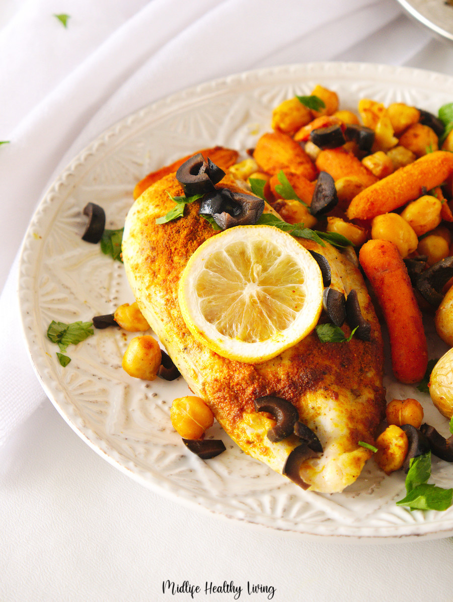 A close up view of the chicken sheet pan dinner. 