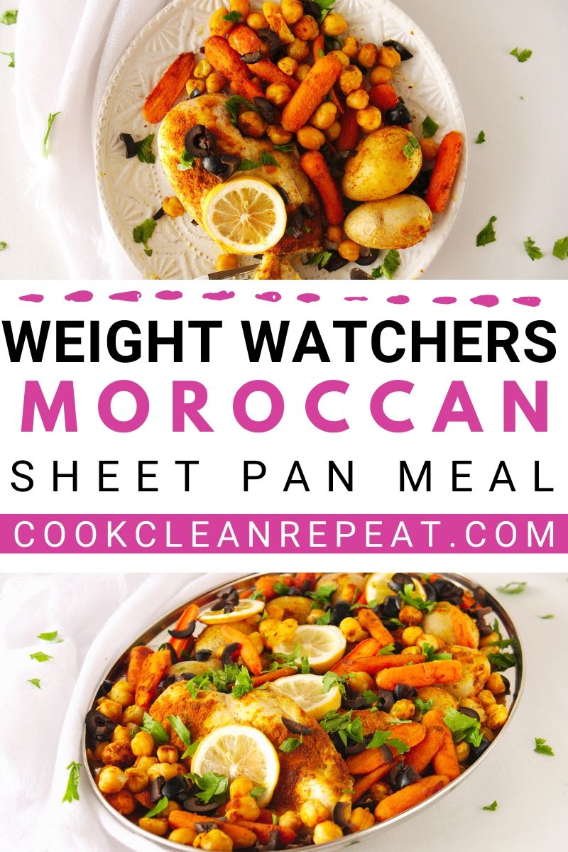 A pin showing the weight watchers moroccan sheet pan meal with title in the middle. 