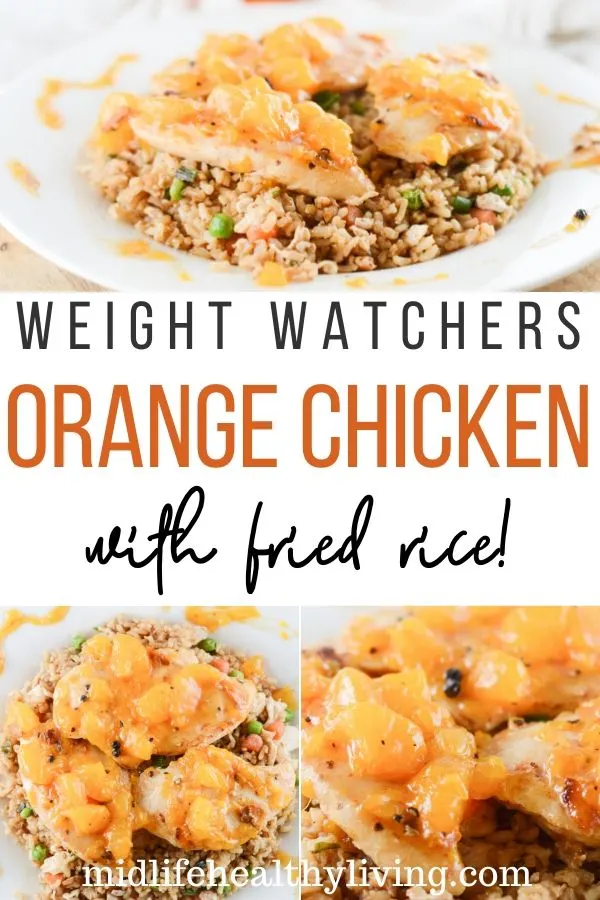 Another pin showing the title in the middle with the finished images at top and bottom for the WW orange chicken recipe. 