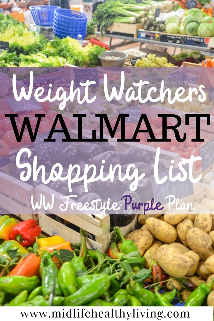 Pin showing the title Weight Watchers foods to buy from Walmart for Purple plan and grocery store in the background.