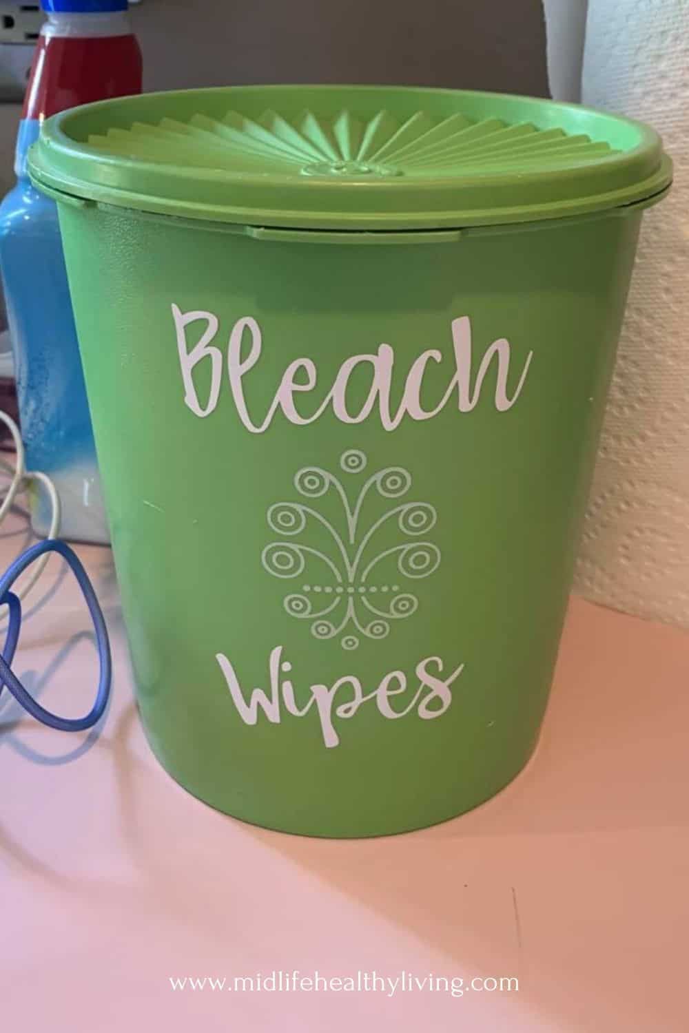 container showing the finished bleach wipes.