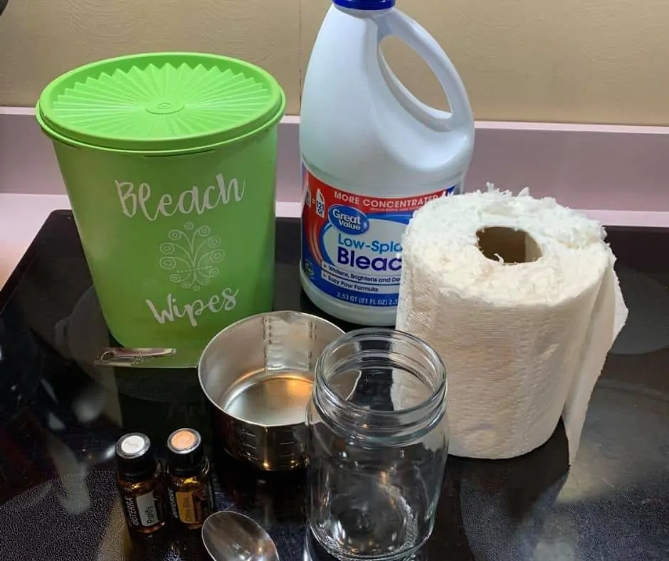 Featured image showing all the ingredients needed to make DIY bleach wipes