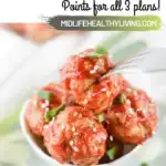 Pin showing the finished meatballs recipe in a bowl ready to eat.