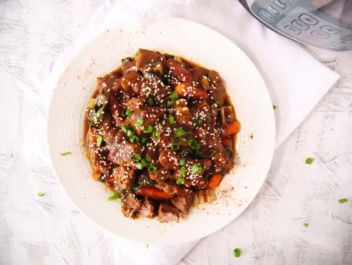 Top down view of a delicious Instant Pot Weight Watchers beef Stew.