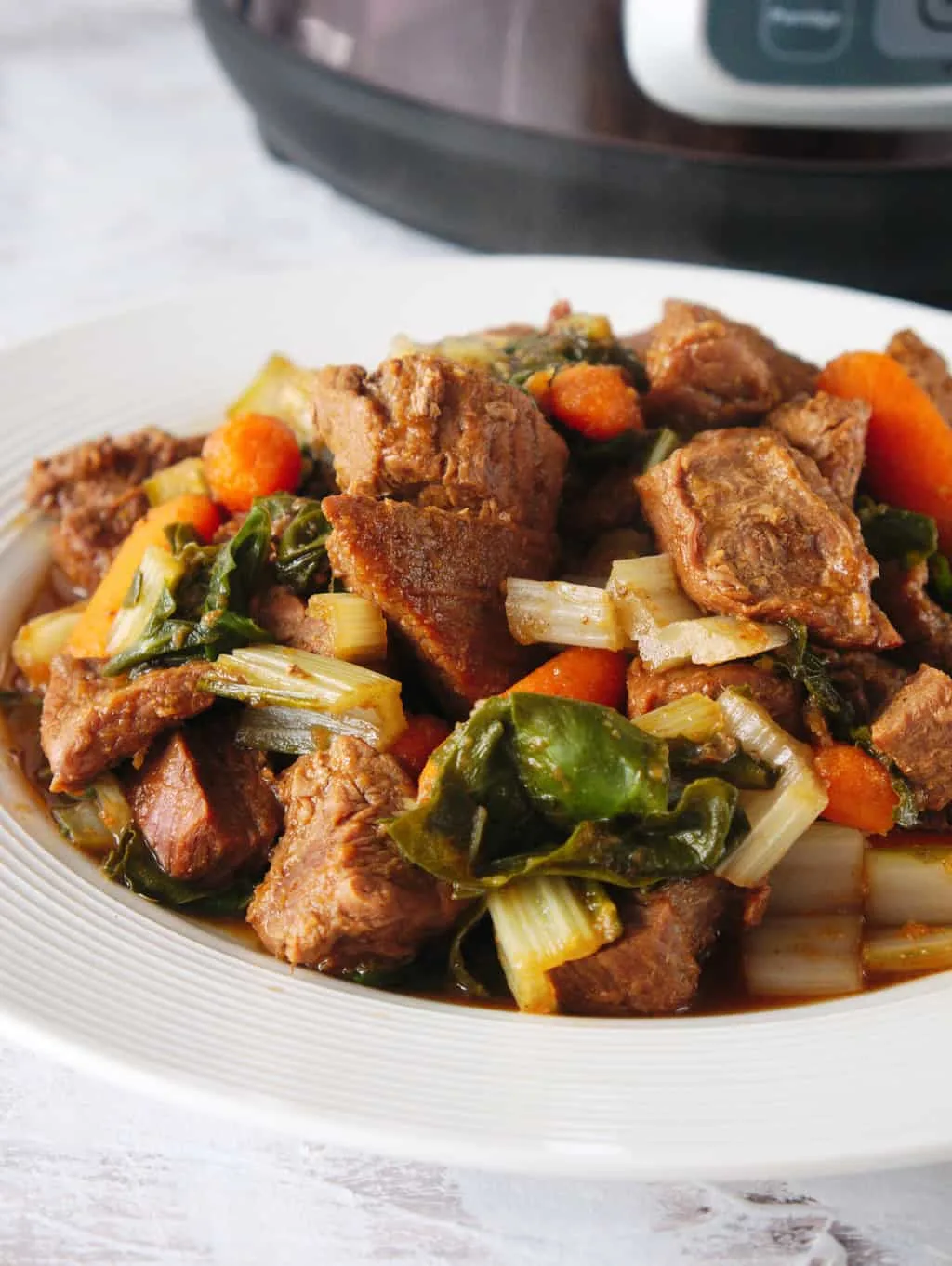 A close up shot of a finished Weight Watchers beef stew with Instant pot in the background.