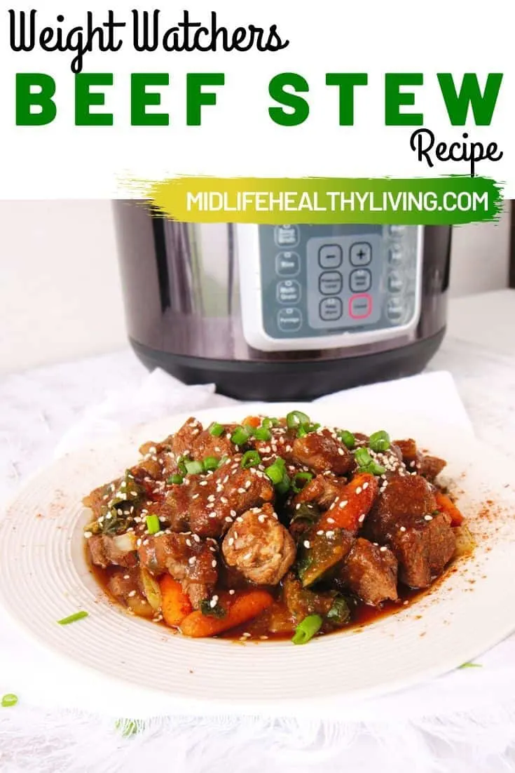 A final pin showing the finished asian beef stew recipe for Weight Watches with title at the top. 
