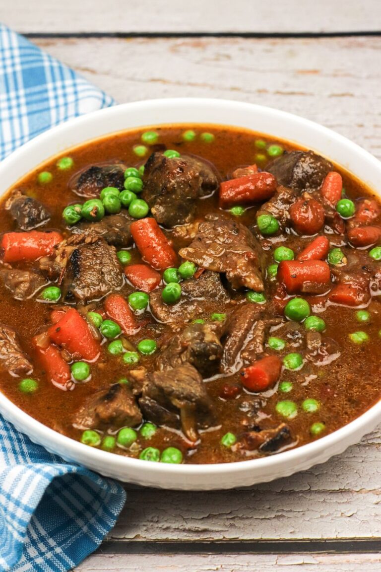 beef stew served in a white bowl