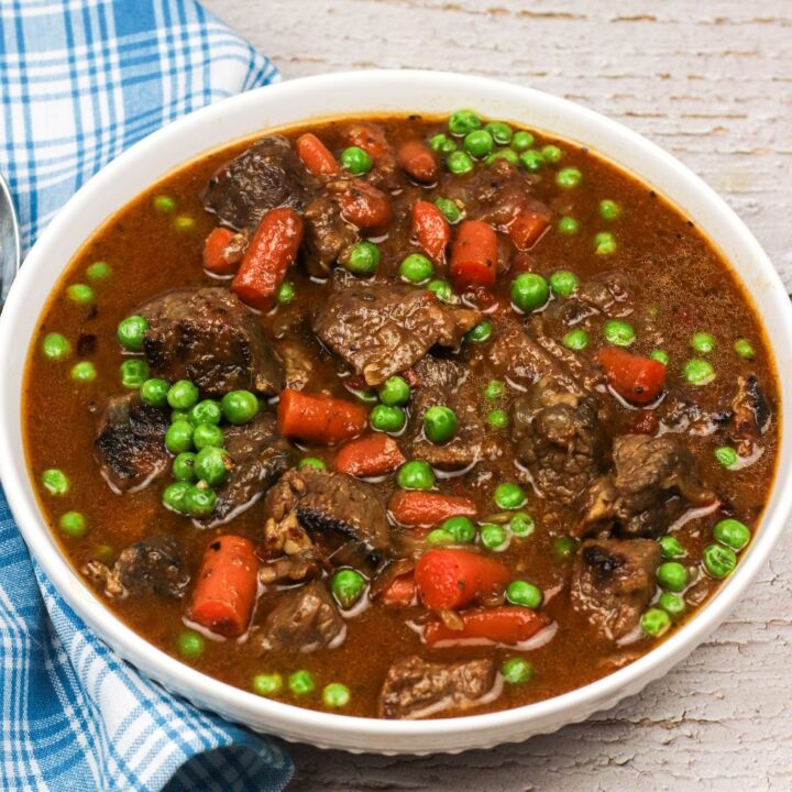 beef stew served in a white bowl