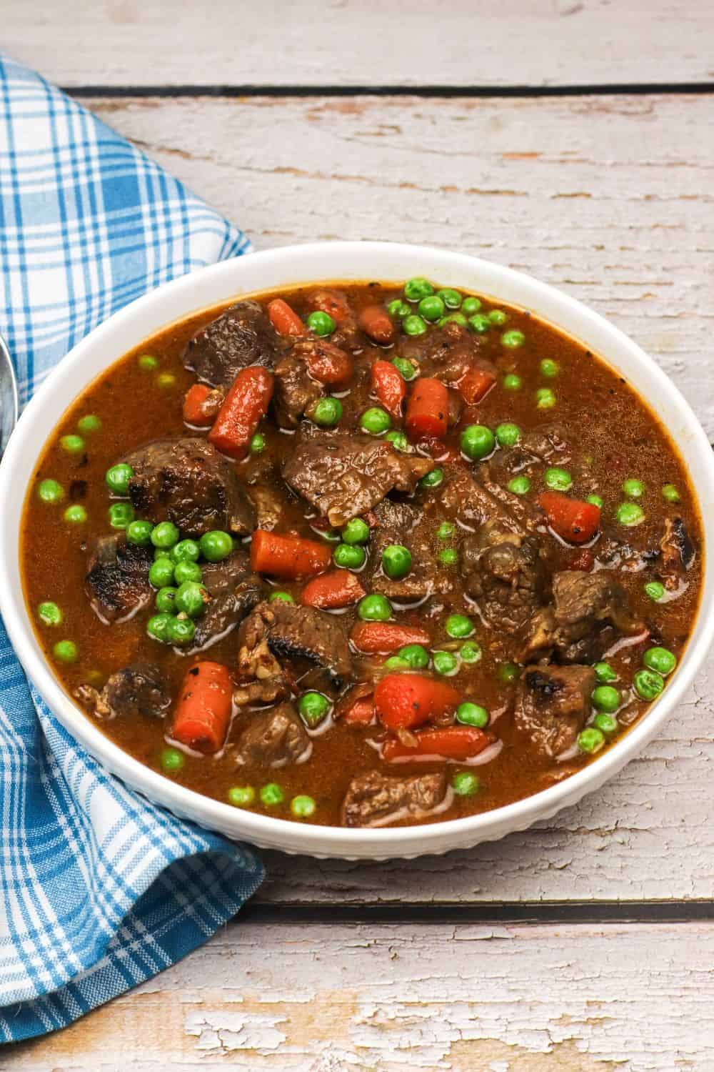 beef stew served in a white bowl