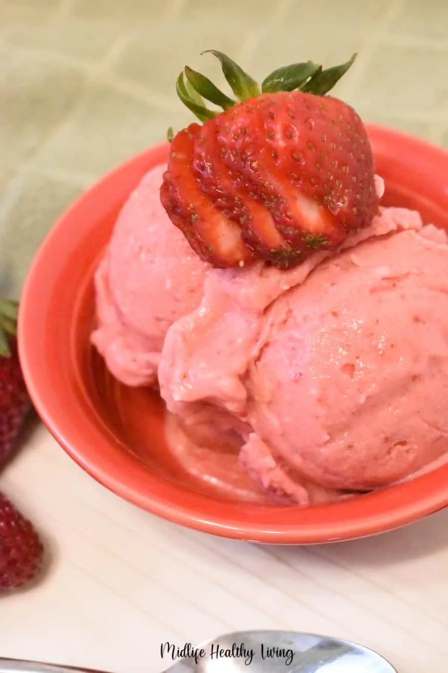 A bowl full of delicious strawberry weight watchers frozen yogurt. 