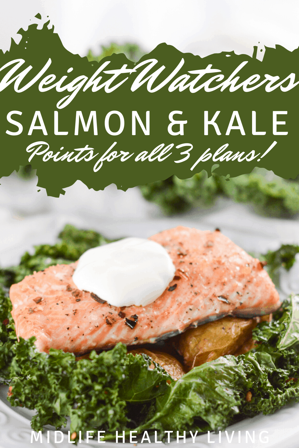A pin showing the delicious finished recipe for weight watchers salmon sheet pan dinner with potatoes, and kale!