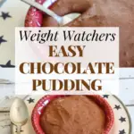 A pin that shows the title of weight watchers easy chocolate pudding with photos in the background of the finished pudding recipe.