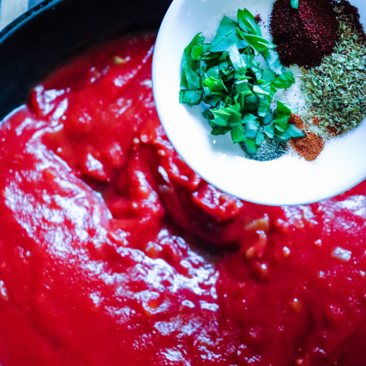 A look at the sauce being made, the pan is filling up with sauce ingredients.