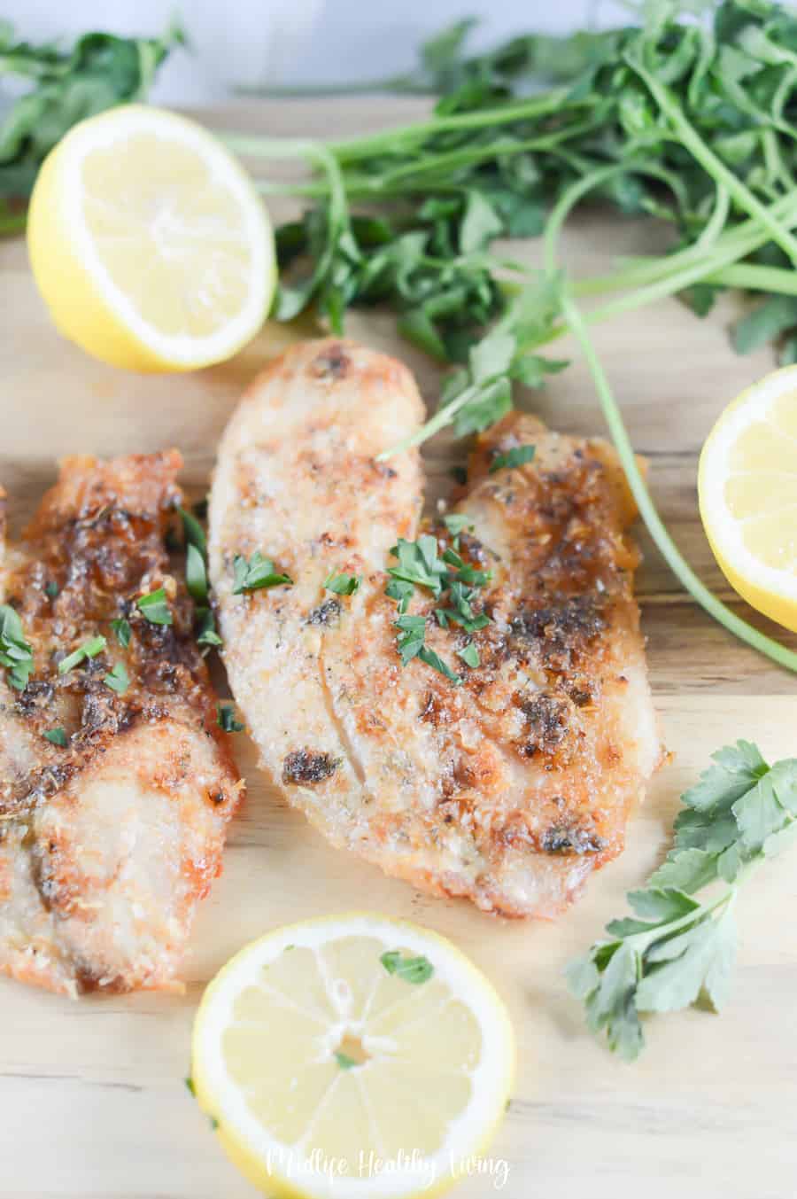 A view of the finished tilapia fillets cooked and ready to be served.