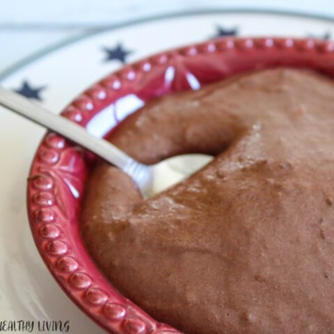 A featured image showing the full bowl of weight watchers chocolate pudding with a spoon, ready to be eaten.