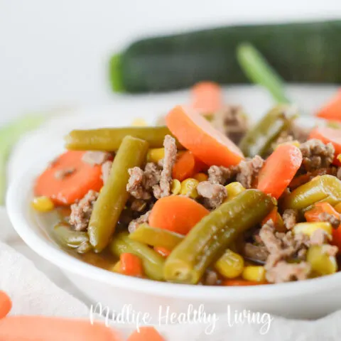 This featured image shows all of the ingredients combined and in a bowl for the finished Weight Watchers hamburger soup recipe.