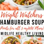 A pin that shows the title in the middle with images of the finished weight watchers hamburger soup on top and bottom.