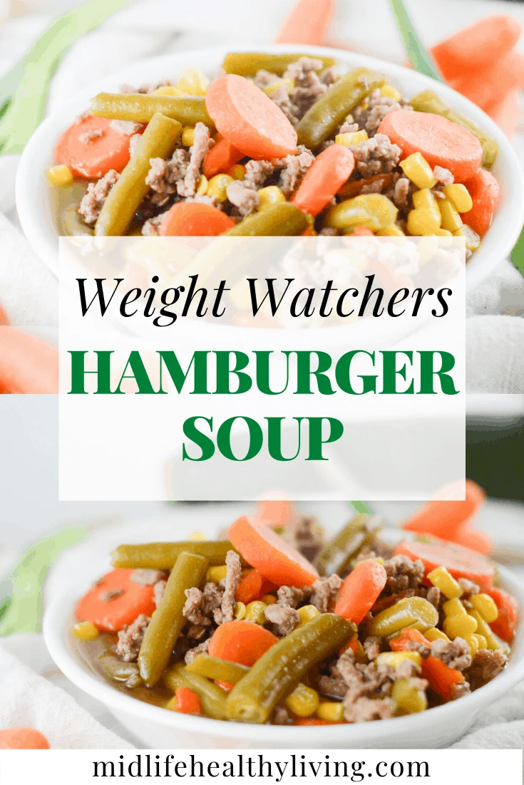 Another pin with the title in the middle and the images of the finished hamburger soup for weight watchers on the top and bottom. 