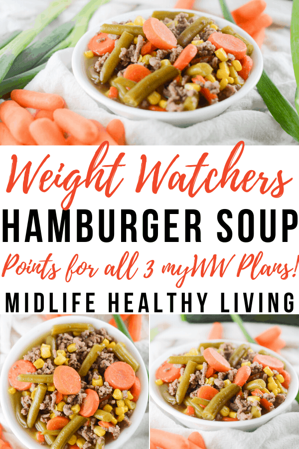 A pin that shows the title in the middle with images of the finished weight watchers hamburger soup on top and bottom.
