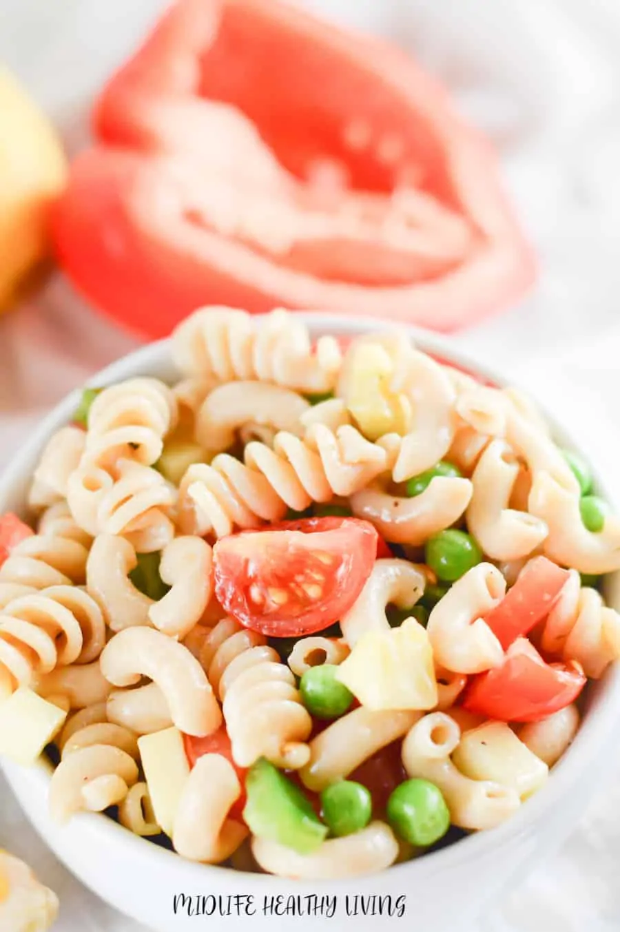A look at the finished pasta salad for summer up close ready to be eaten. 