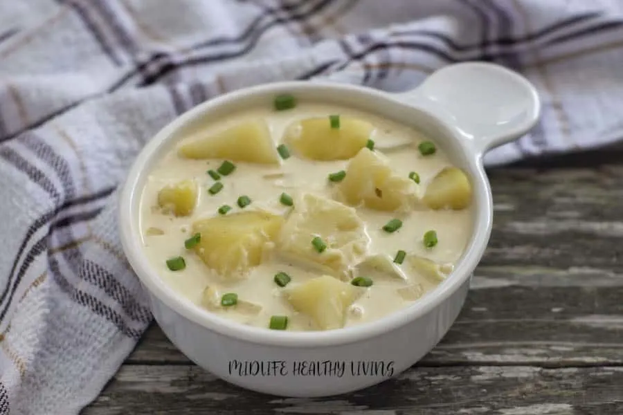 This photo shows the finished Weight Watchers potato soup recipe in a bowl ready to eat. 