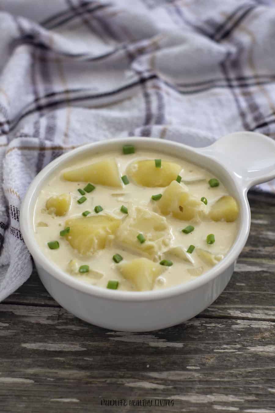 A look at a big bowl full of the tasty potato soup for Weight Watchers ready to eat. 