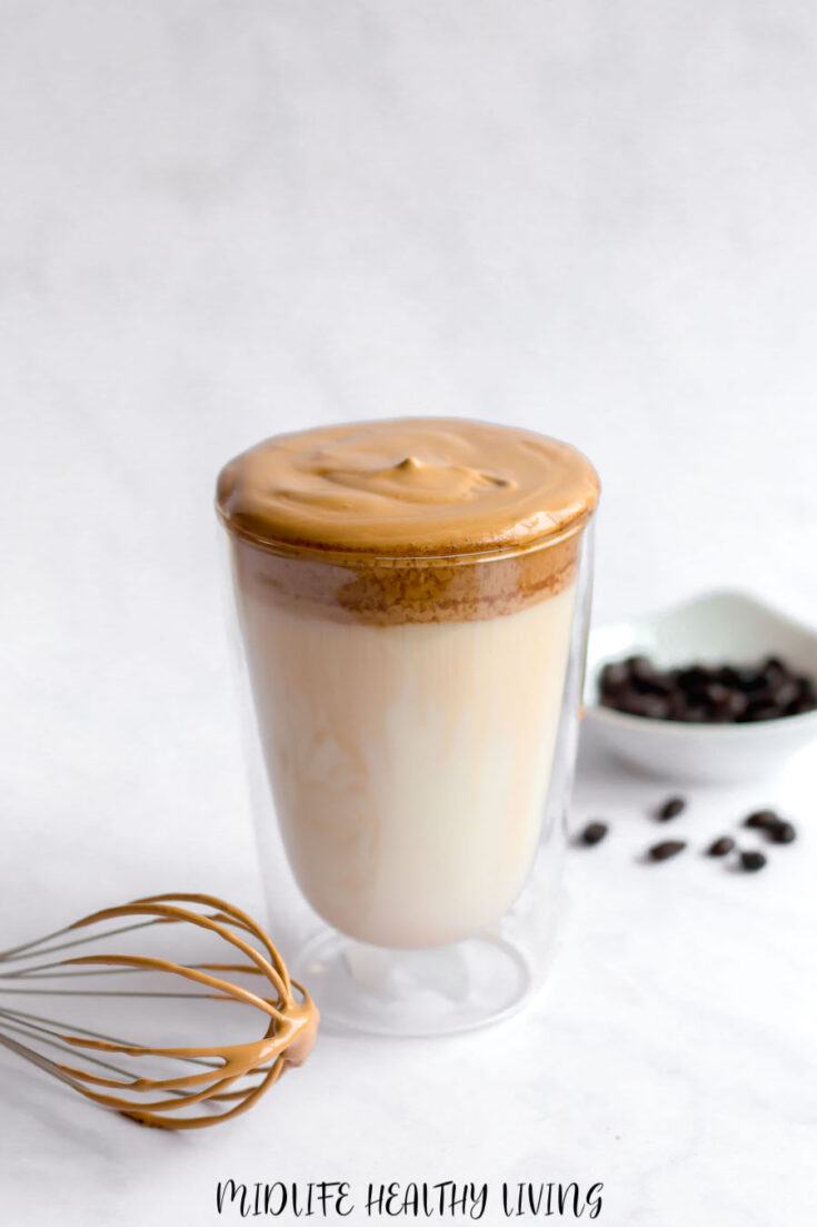 A look at the finished whipped coffee for weight watchers ready to drink.