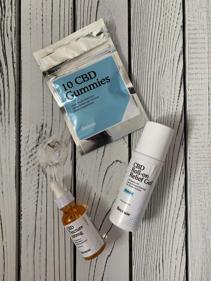 Because brand CBD Gummiers, Roll on gel relief and tincture packaging.