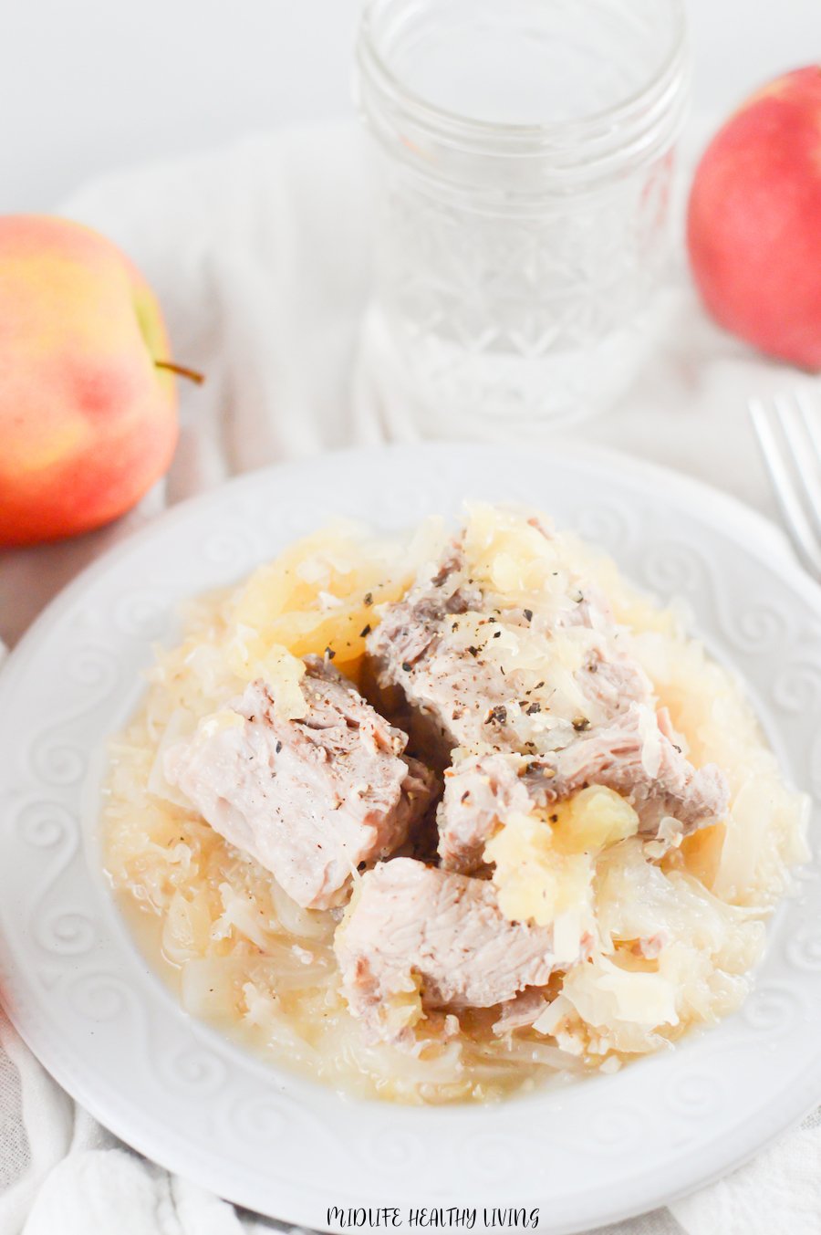 A top down look at the finished instant pot pork and sauerkraut