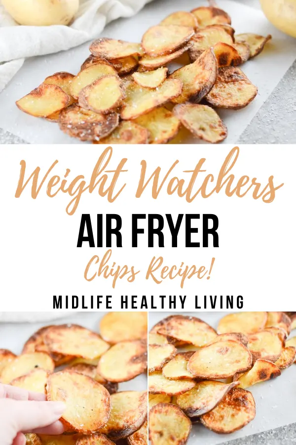 A pin showing the finished weight watchers air fryer chips with the title across the middle of the images.