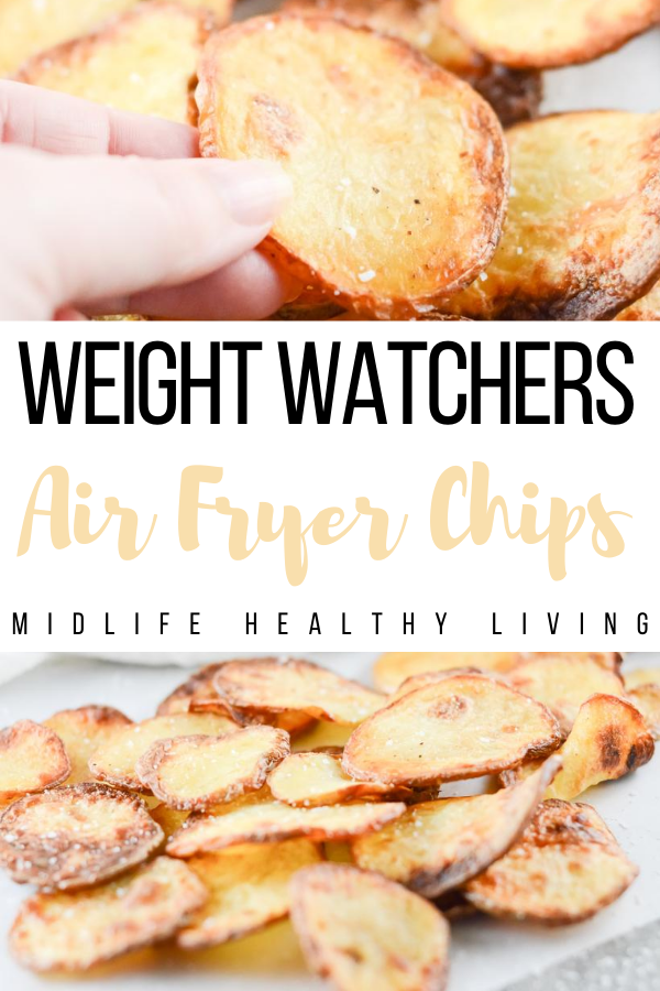 A pin that shows the finished chips for weight watchers made in the air fryer with the title shown across the middle. 