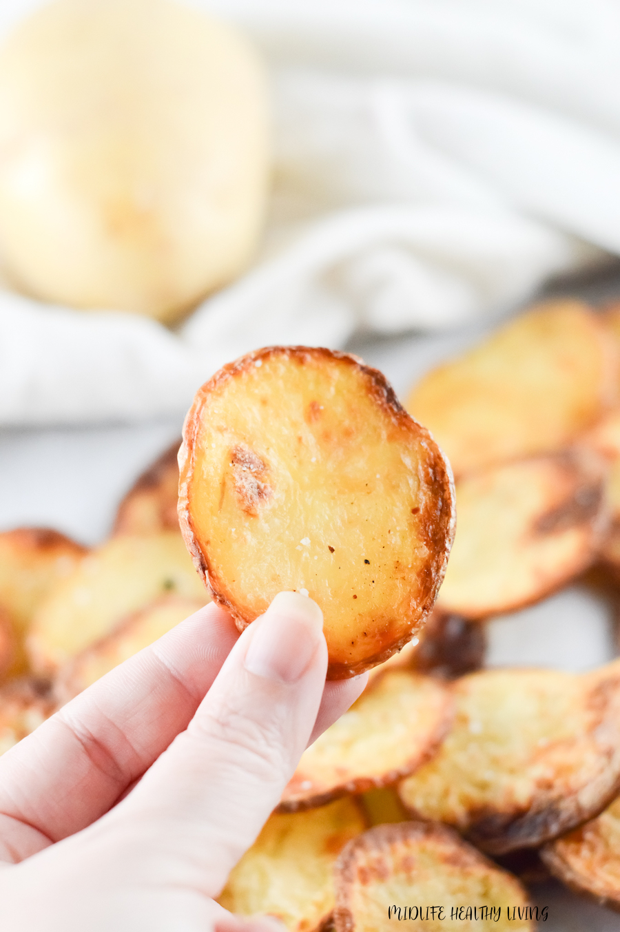 A look at one of the finished potato chips held up and ready to eat. 