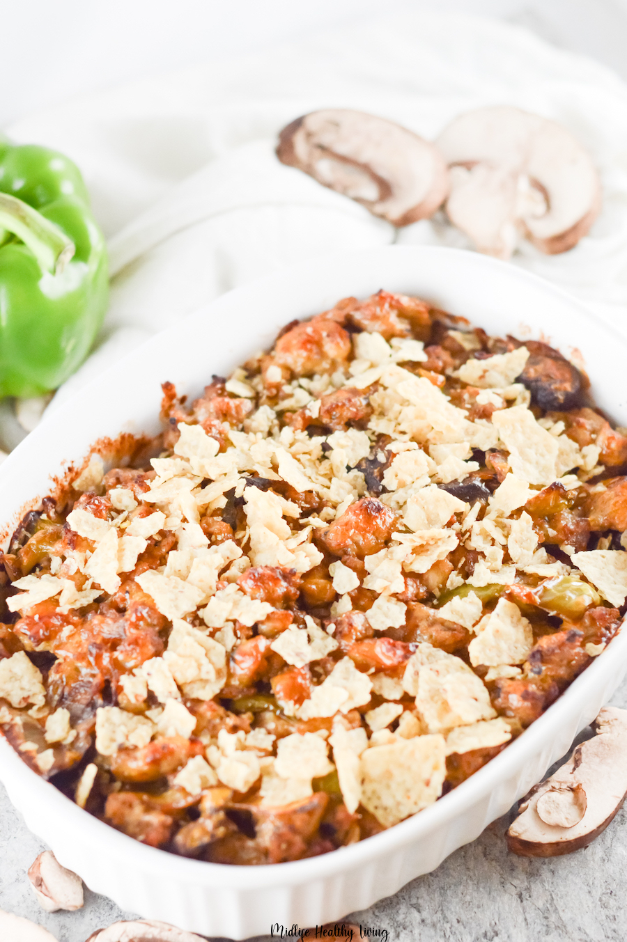 A look at the full pan of the finished weight watchers cheeseburger casserole ready to cut and serve.