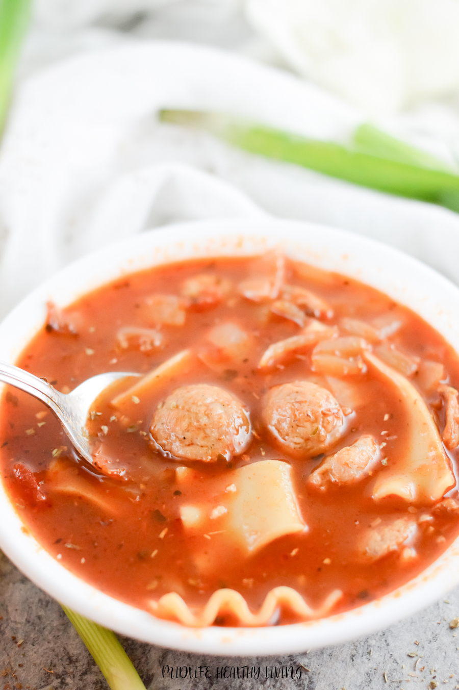 A bowl full of finished weight watchers lasagna soup ready to be enjoyed. 