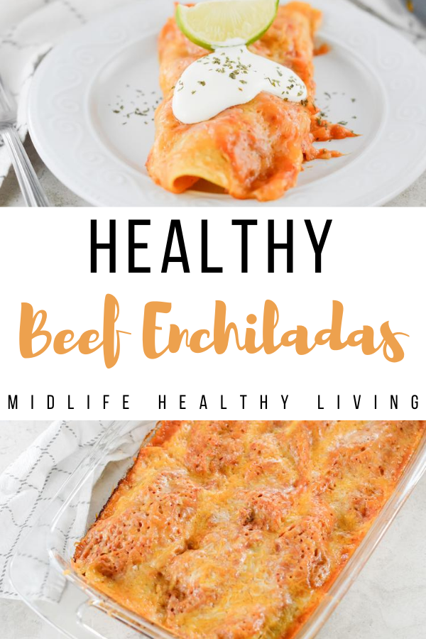 Another pin showing the finished recipe for beef enchiladas ready to eat with title in the middle of the photos.