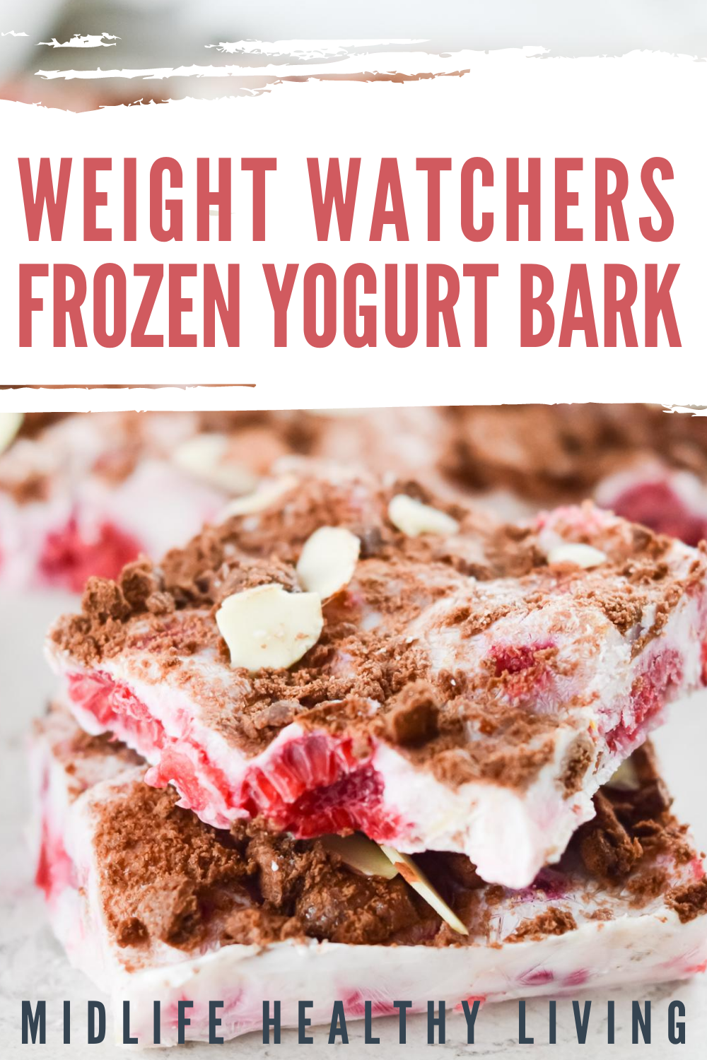 A pin showing the weight watchers frozen yogurt bark ready to be served with title at the top.