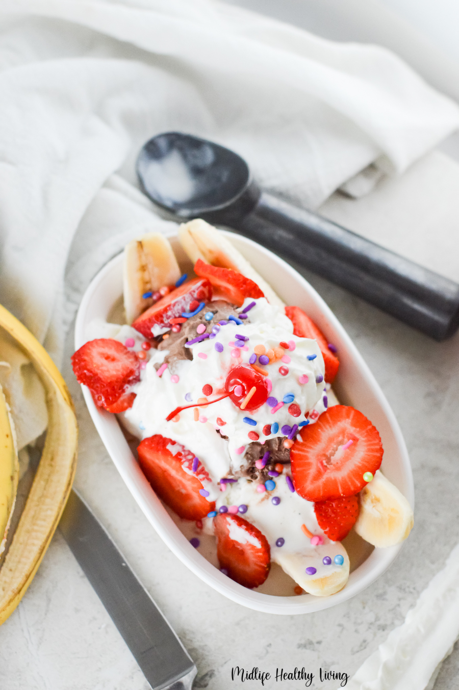 A top down look at the finished banana split recipe ready to eat.