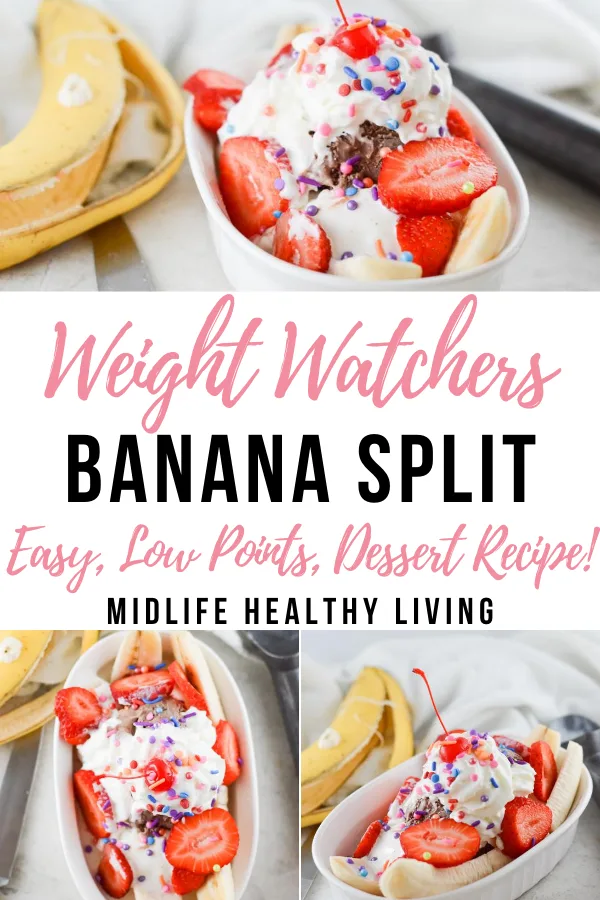Pin showing images of the finished Weight Watchers banana split with title in the middle.