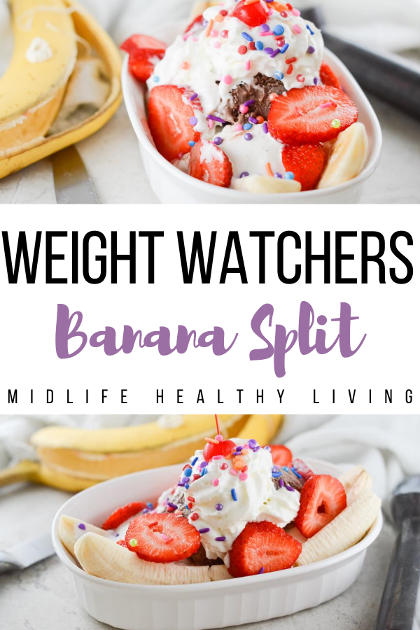 Weight Watchers banana split pin showing the finished recipe with title in the middle. 