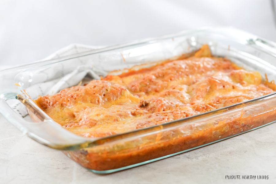 Another view of the pan full of enchiladas fresh from the oven.