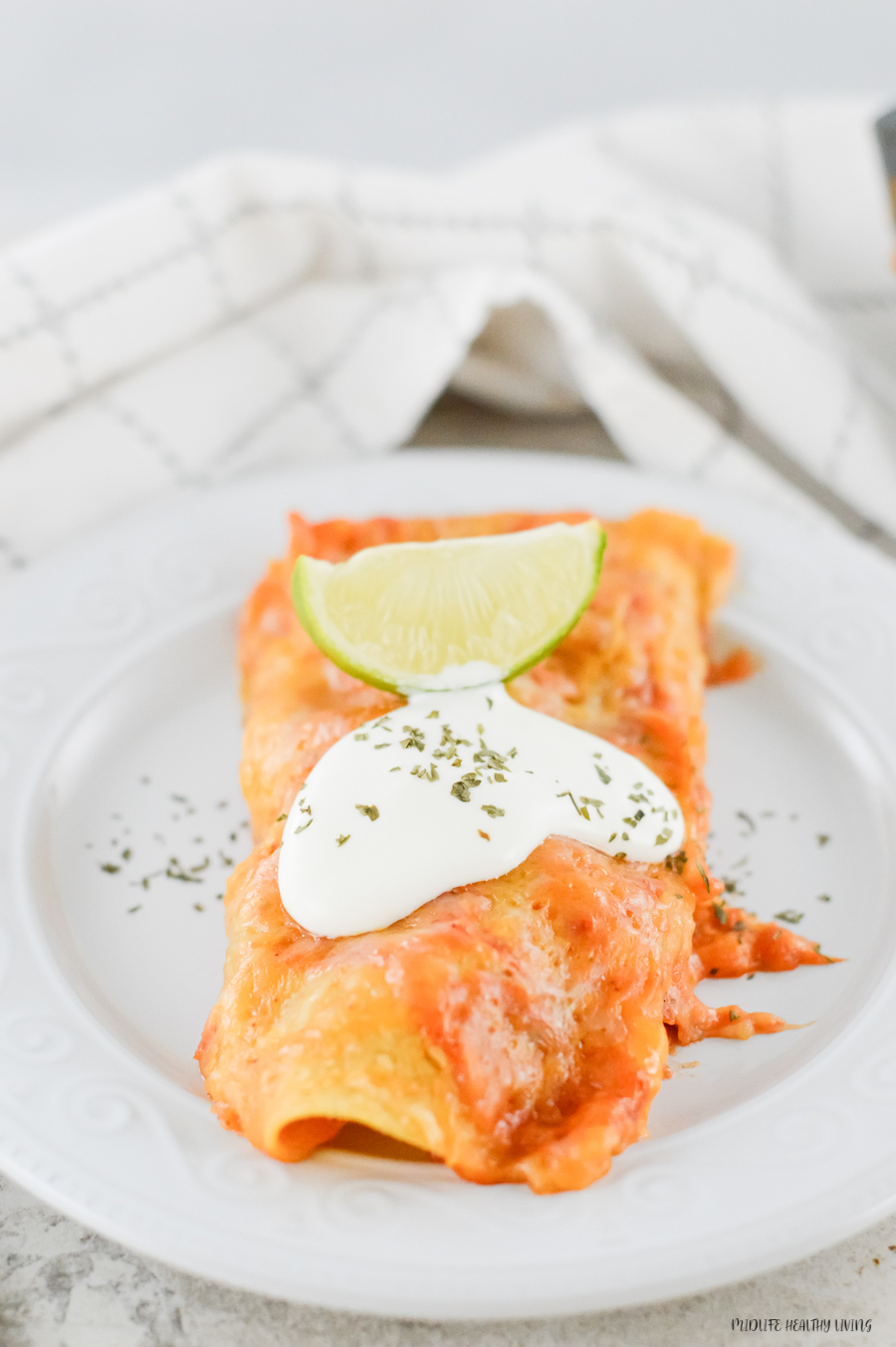 A view of the finished weight watchers beef enchiladas on a plate ready to eat.