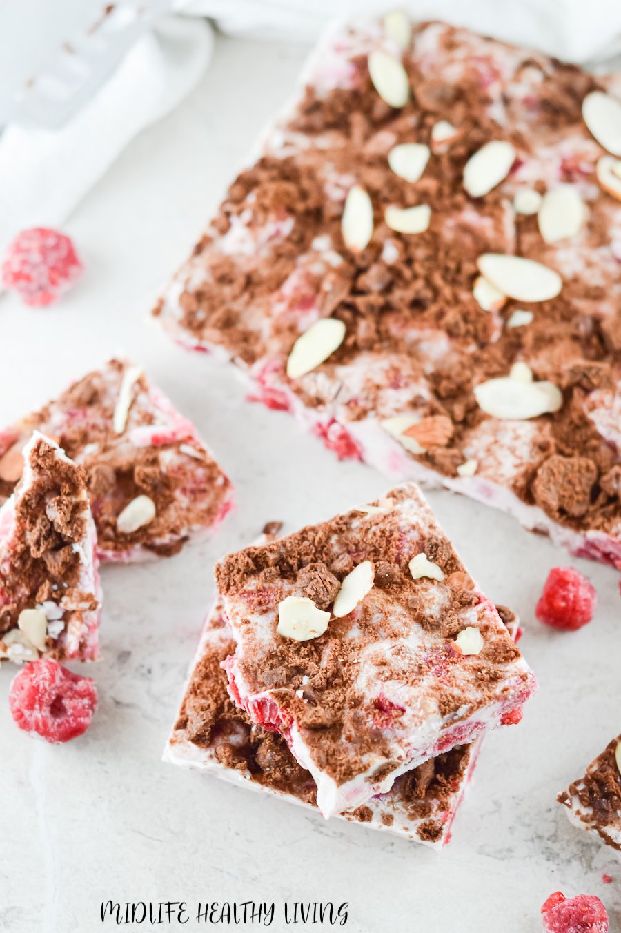 A top down view of the cut and ready to serve frozen yogurt bark. 