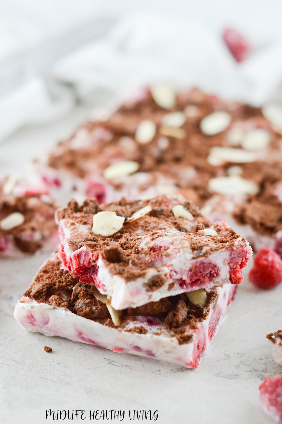 A look at the finished and cut weight watchers frozen yogurt bark that is ready to serve. 