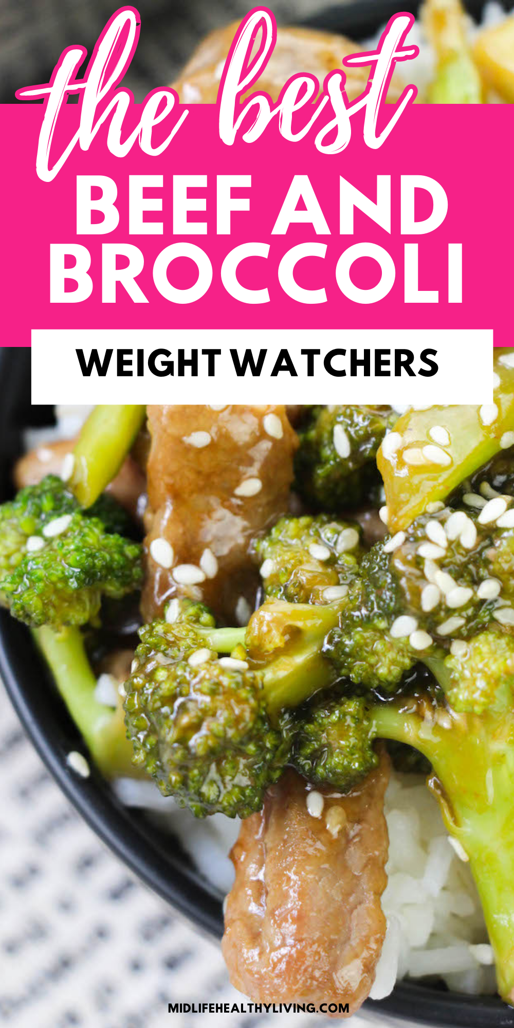 Pin showing the finished weight watchers beef and broccoli recipe ready to go. 