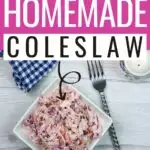 pin showing the homemade coleslaw ready to eat.
